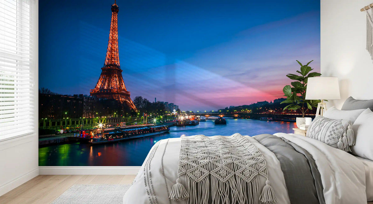 Landscape wall mural of Paris at night with a glowing Eiffel Tower and blue river, GD13030