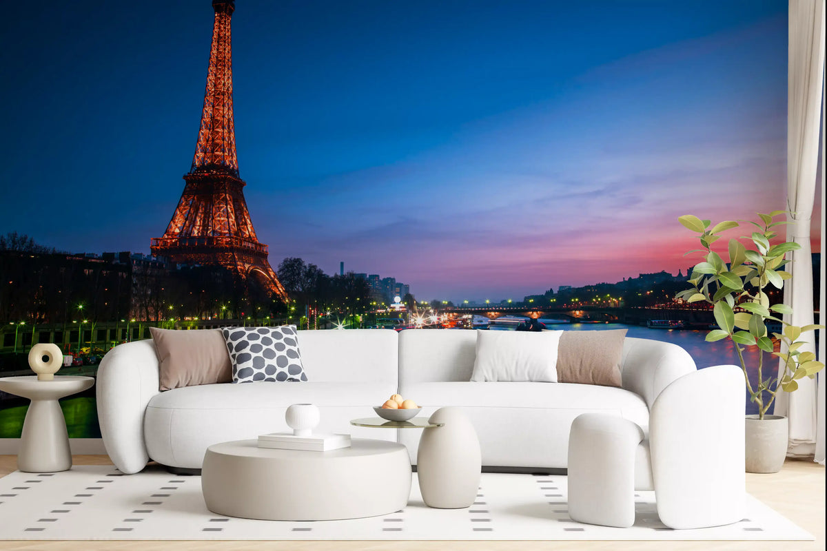 Landscape wall mural of Paris at night with a glowing Eiffel Tower and blue river, GD13030