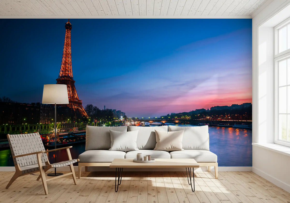 Landscape wall mural of Paris at night with a glowing Eiffel Tower and blue river, GD13030