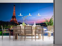 Landscape wall mural of Paris at night with a glowing Eiffel Tower and blue river, GD13030