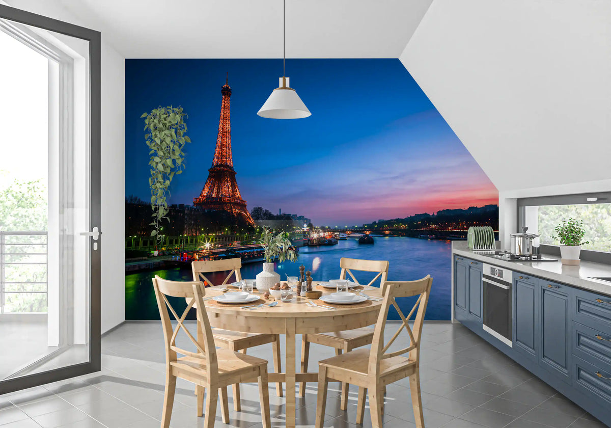 Landscape wall mural of Paris at night with a glowing Eiffel Tower and blue river, GD13030