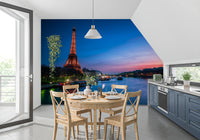 Landscape wall mural of Paris at night with a glowing Eiffel Tower and blue river, GD13030