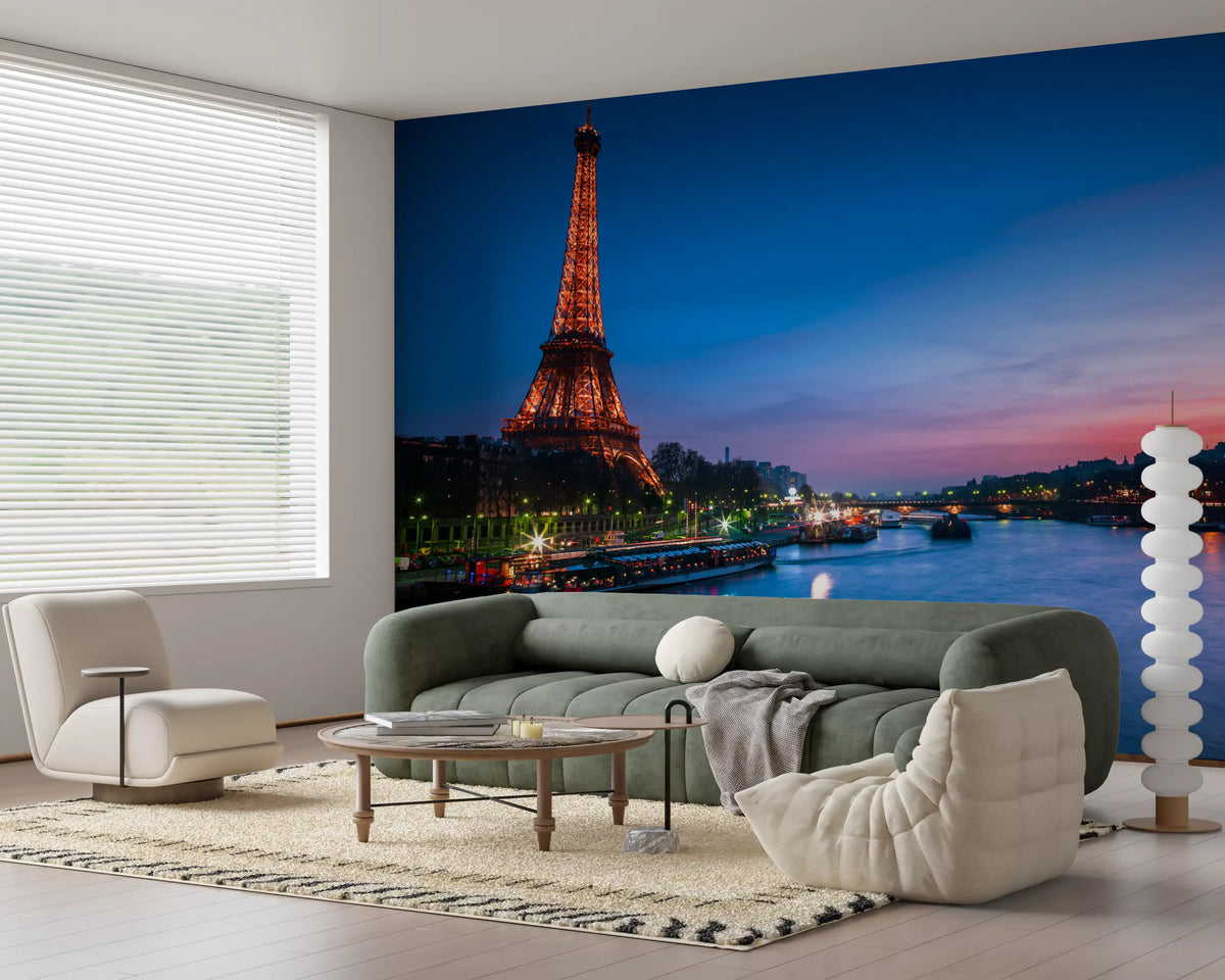 Landscape wall mural of Paris at night with a glowing Eiffel Tower and blue river, GD13030