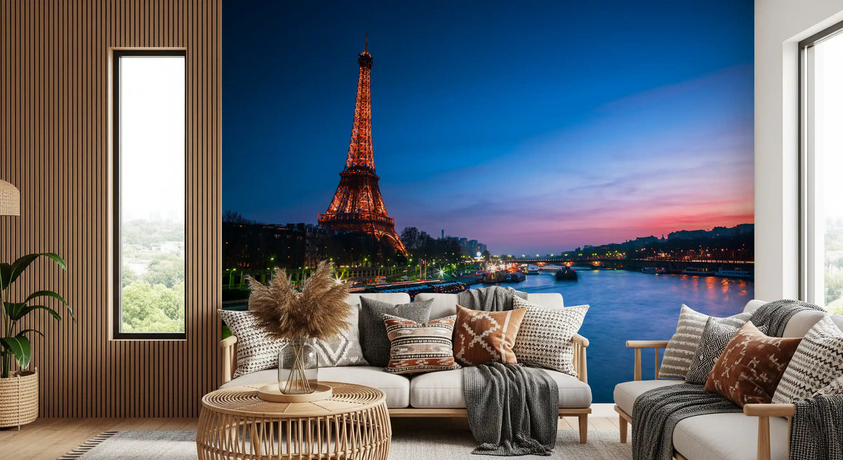 Landscape wall mural of Paris at night with a glowing Eiffel Tower and blue river, GD13030