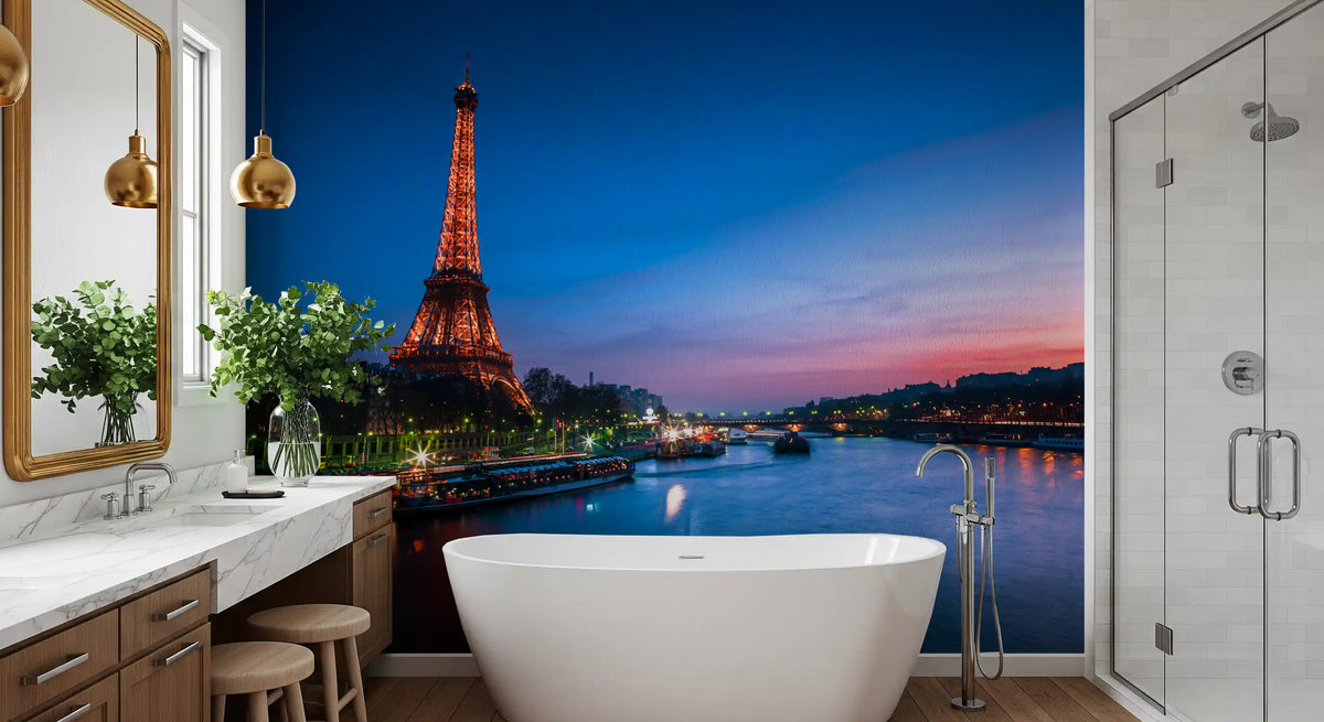Landscape wall mural of Paris at night with a glowing Eiffel Tower and blue river, GD13030