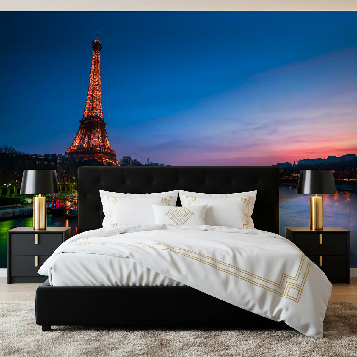 Landscape wall mural of Paris at night with a glowing Eiffel Tower and blue river, GD13030