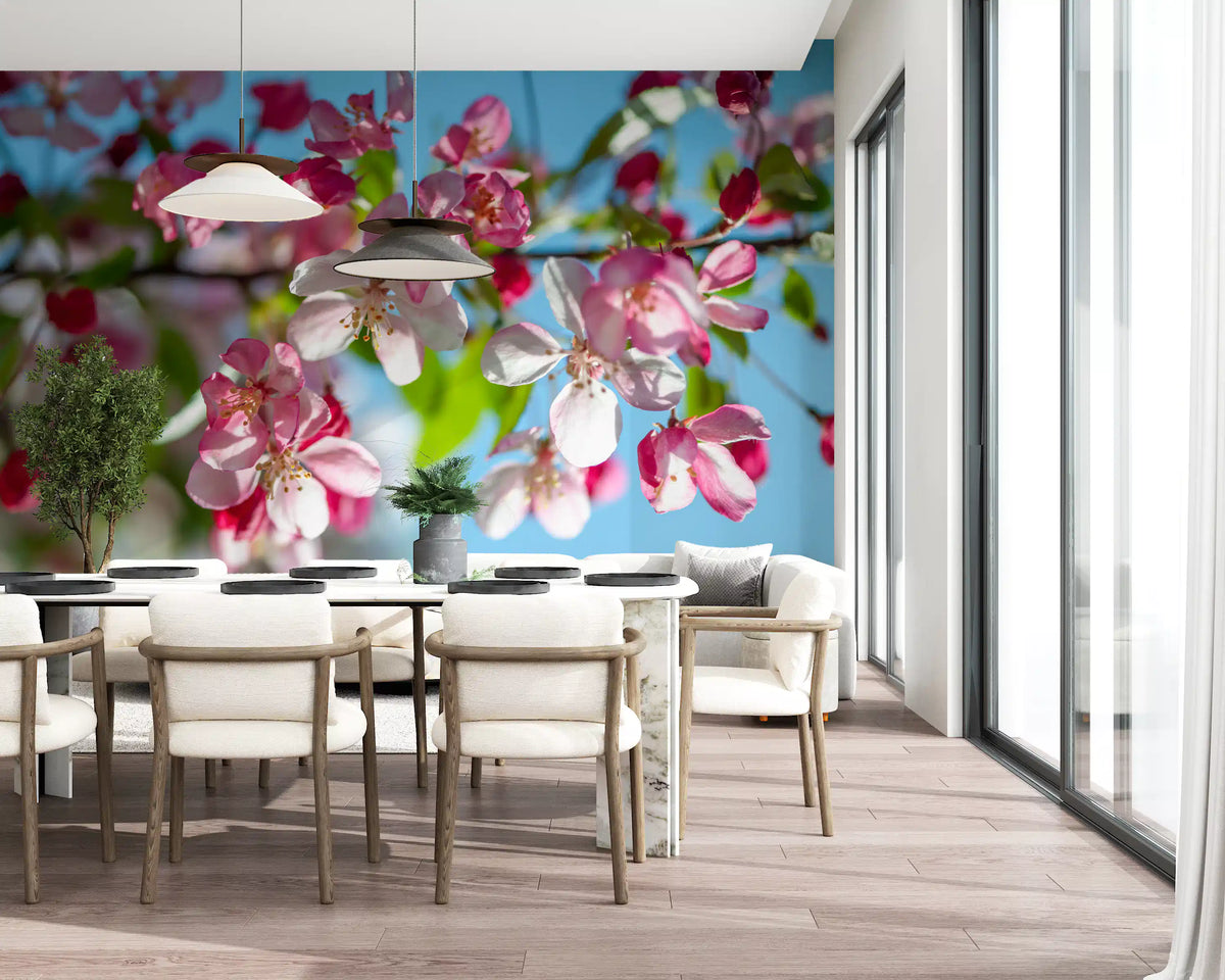 Pink cherry blossom flowers on a sky blue background floral wall mural, GD13035