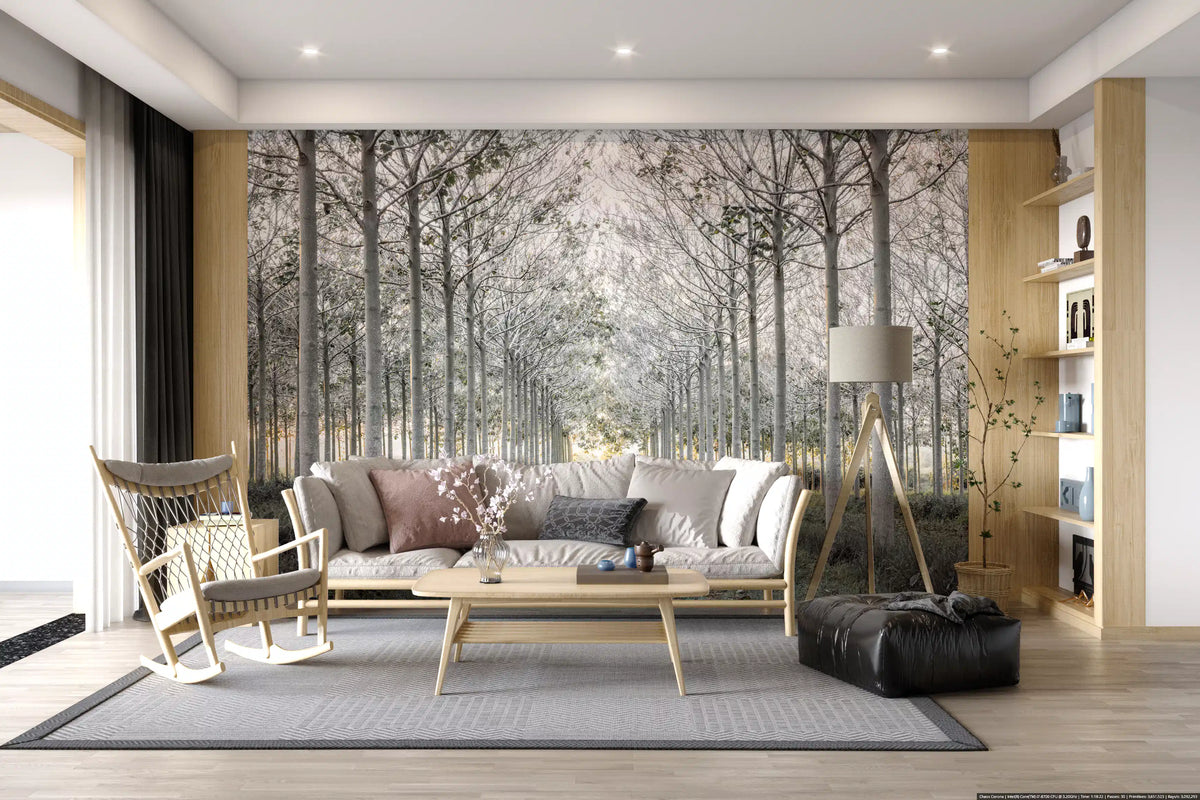 Minimalist misty woodland tree path contemporary wall mural in a living room, GD13039