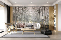 Minimalist misty woodland tree path contemporary wall mural in a living room, GD13039