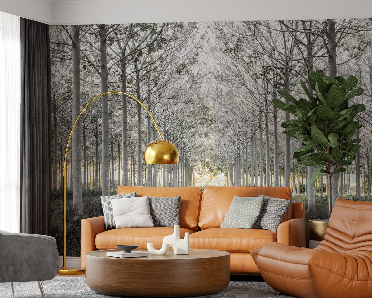 Minimalist misty woodland tree path contemporary wall mural in a living room, GD13039