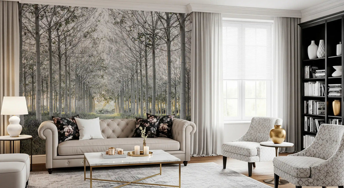 Minimalist misty woodland tree path contemporary wall mural in a living room, GD13039