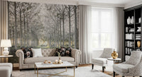 Minimalist misty woodland tree path contemporary wall mural in a living room, GD13039