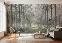 Minimalist misty woodland tree path contemporary wall mural in a living room, GD13039