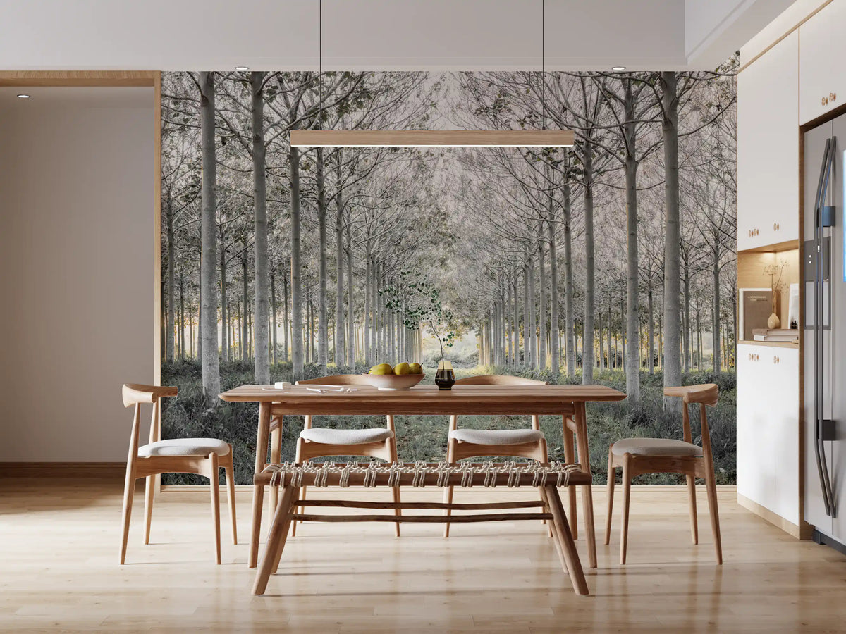 Minimalist misty woodland tree path contemporary wall mural in a living room, GD13039