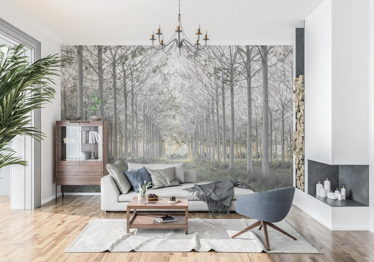 Minimalist misty woodland tree path contemporary wall mural in a living room, GD13039