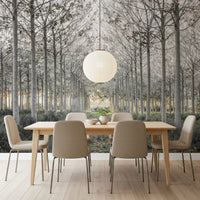 Minimalist misty woodland tree path contemporary wall mural in a living room, GD13039