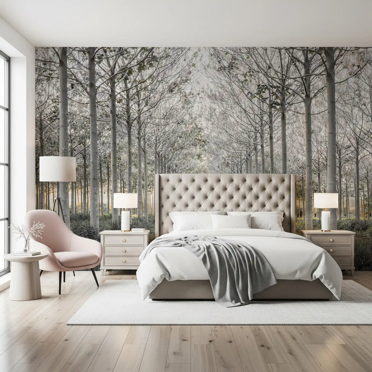 Minimalist misty woodland tree path contemporary wall mural in a living room, GD13039