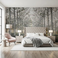 Minimalist misty woodland tree path contemporary wall mural in a living room, GD13039