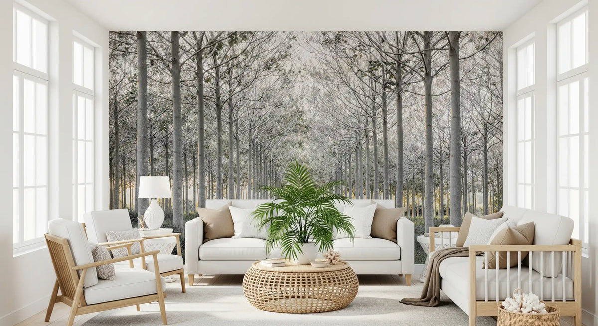 Minimalist misty woodland tree path contemporary wall mural in a living room, GD13039
