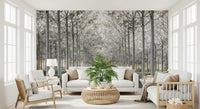 Minimalist misty woodland tree path contemporary wall mural in a living room, GD13039