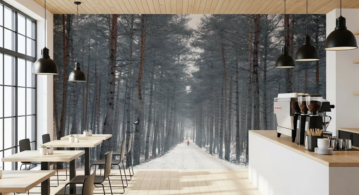 Snow-covered path through a misty pine forest with a lone figure in a red coat, forest wallpaper mural, GD13046