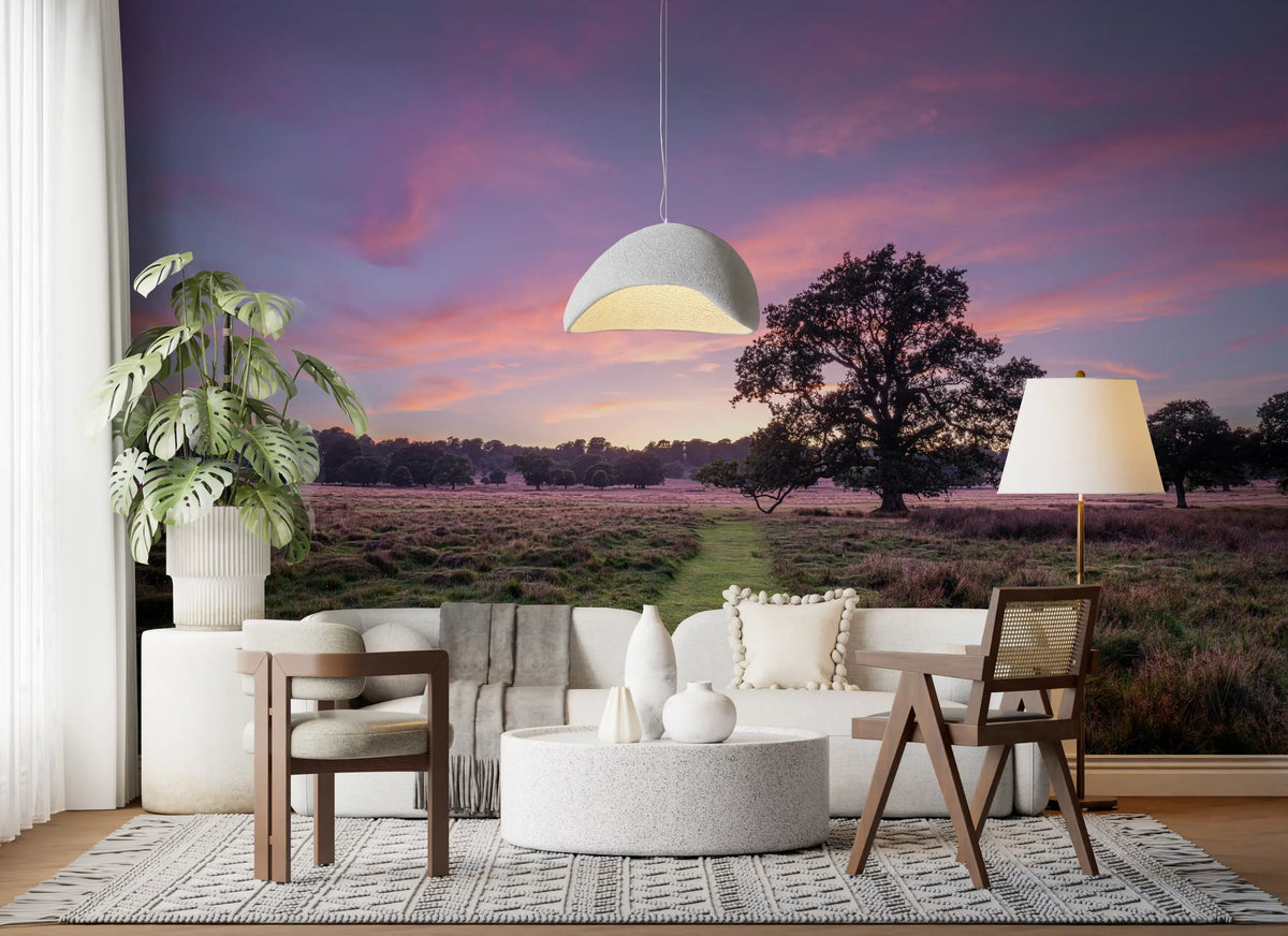 Lone silhouetted tree in an open field beneath a purple and peach twilight sky, landscape wallpaper mural, GD13049