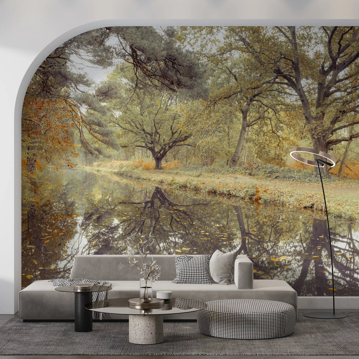 Reflective Woodland River Path Wall Mural