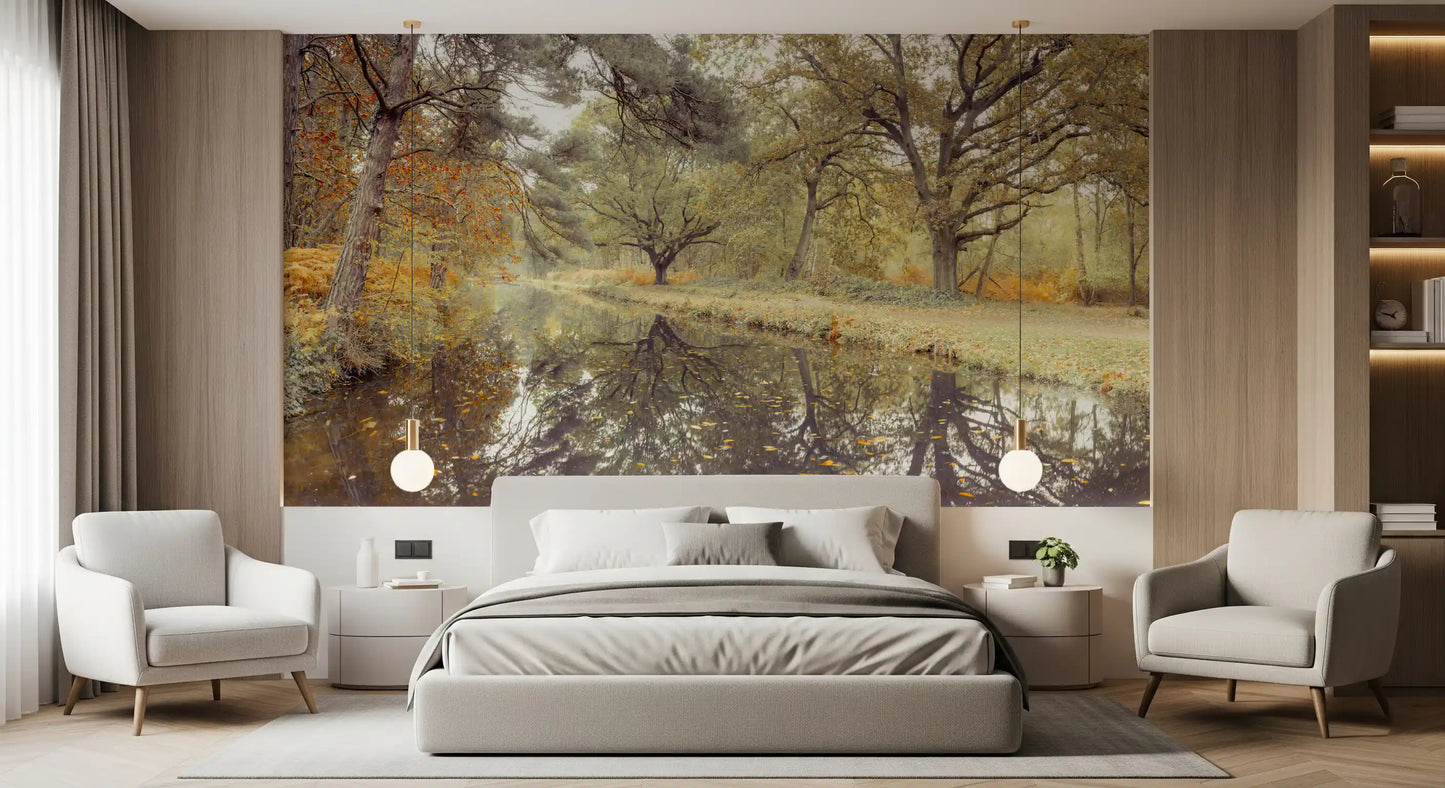 Reflective Woodland River Path Wall Mural