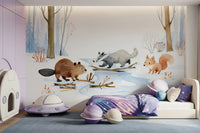 Winter Woodland Animal Gathering Wall Mural