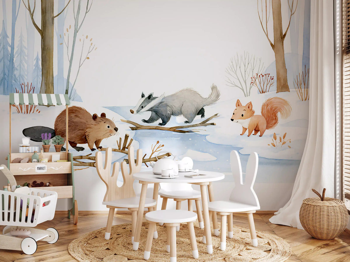 Winter Woodland Animal Gathering Wall Mural