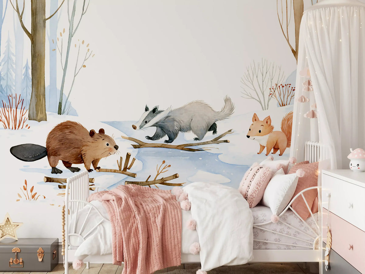 Winter Woodland Animal Gathering Wall Mural
