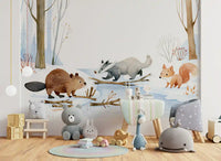 Winter Woodland Animal Gathering Wall Mural