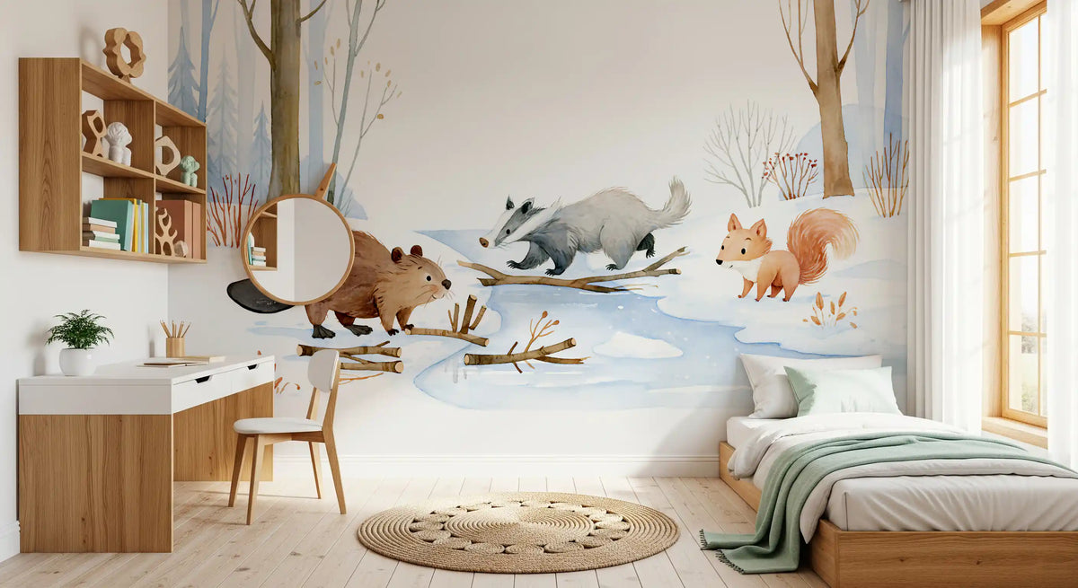 Winter Woodland Animal Gathering Wall Mural