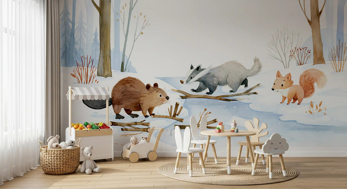 Winter Woodland Animal Gathering Wall Mural