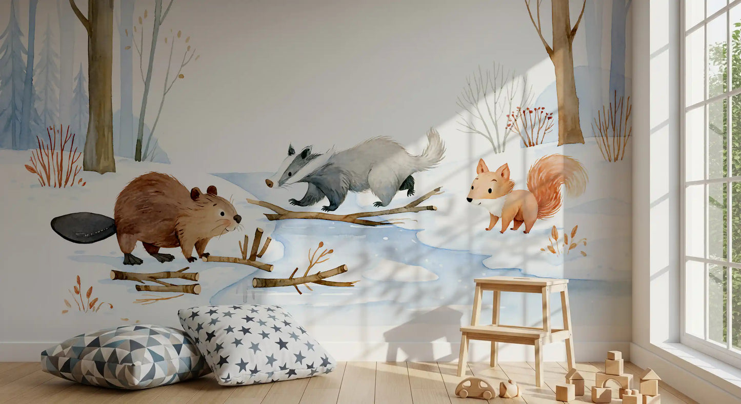 Winter Woodland Animal Gathering Wall Mural