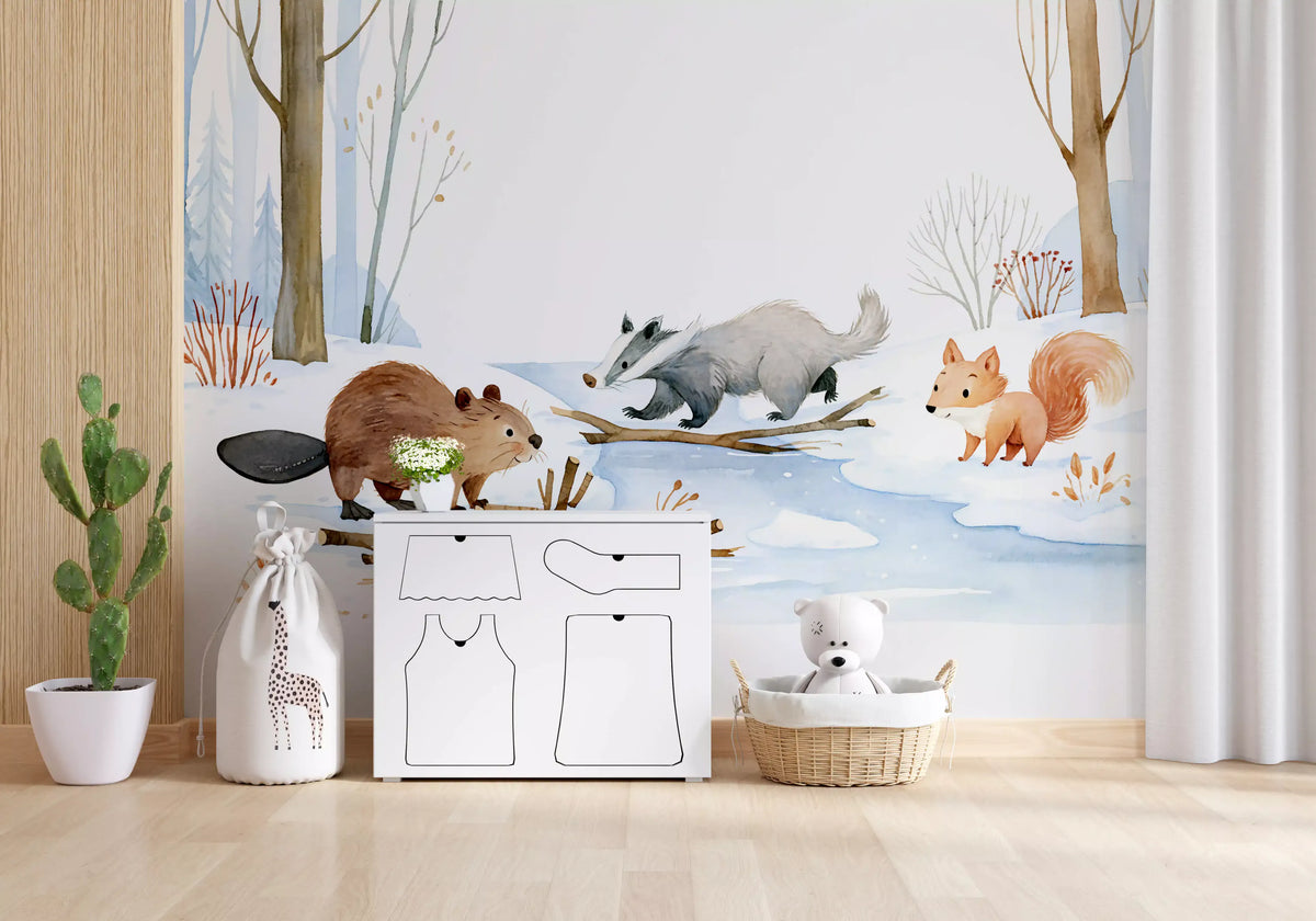 Winter Woodland Animal Gathering Wall Mural
