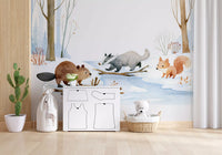 Winter Woodland Animal Gathering Wall Mural