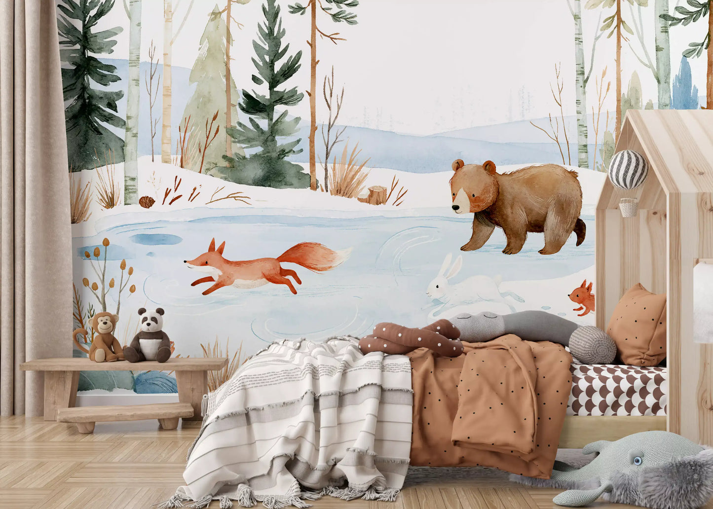 Winter Forest Friends Watercolor Scene Wall Mural