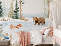 Winter Forest Friends Watercolor Scene Wall Mural