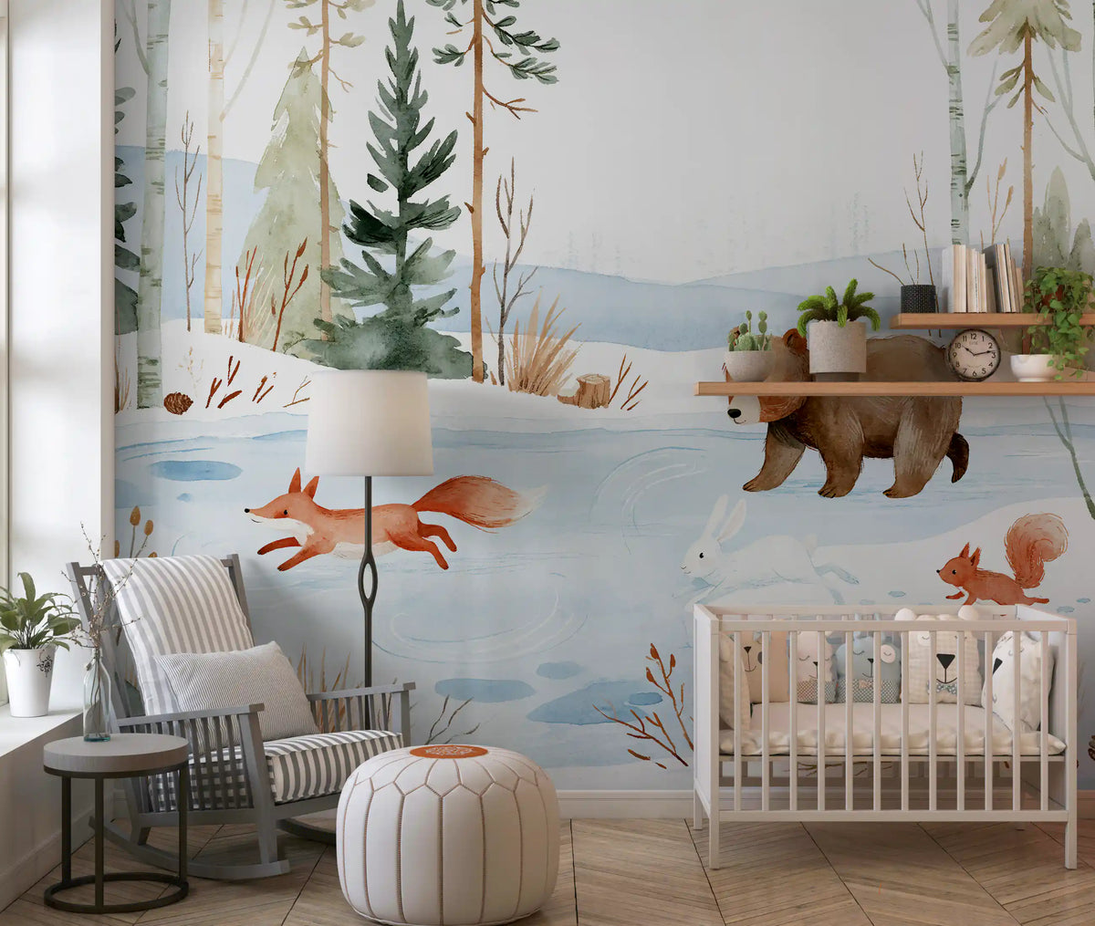 Winter Forest Friends Watercolor Scene Wall Mural