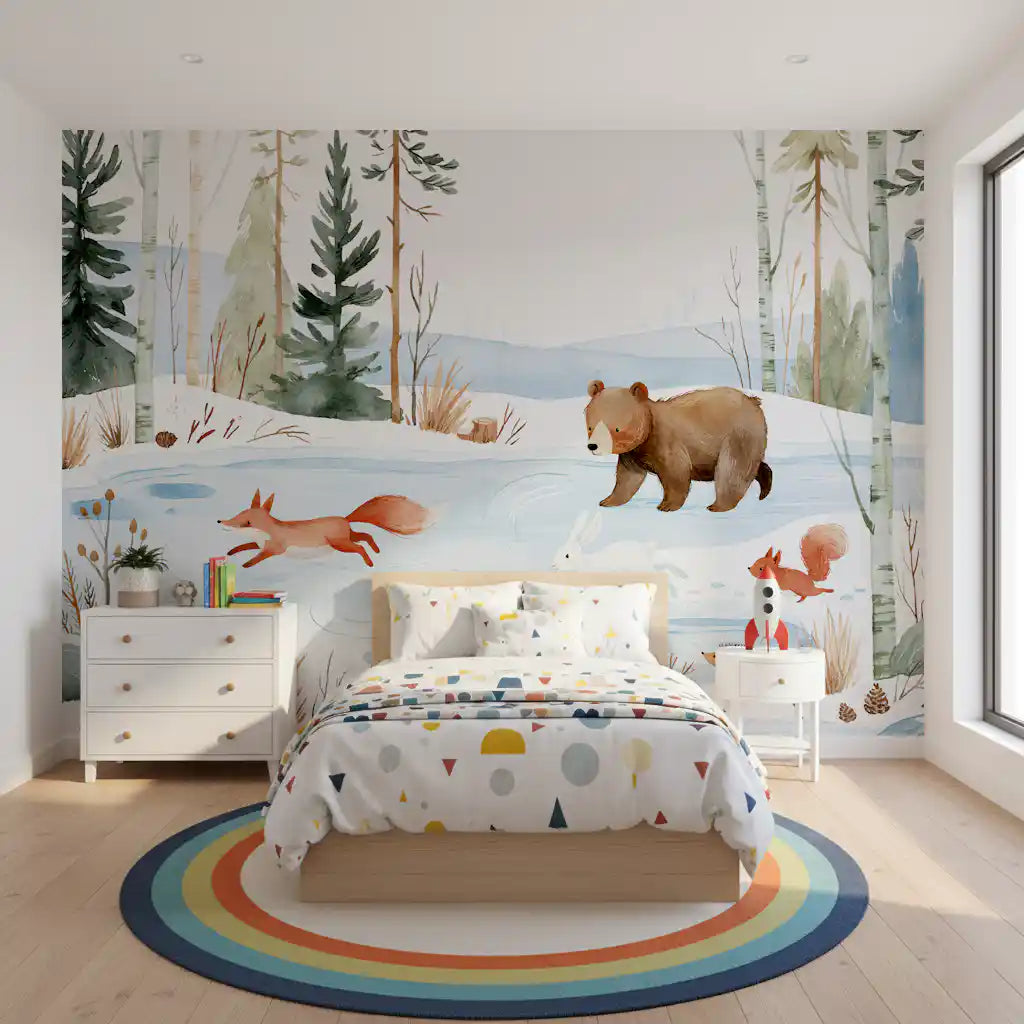 Winter Forest Friends Watercolor Scene Wall Mural