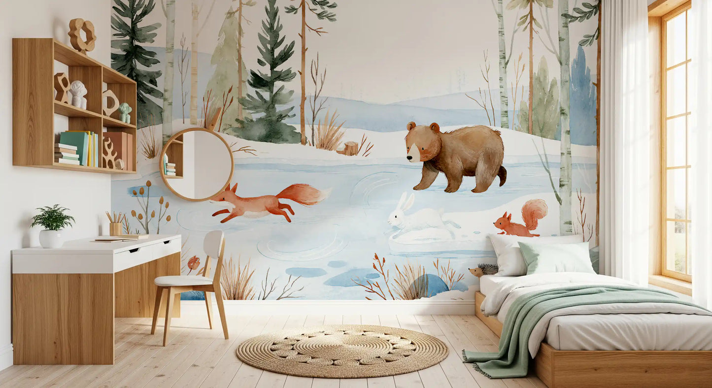 Winter Forest Friends Watercolor Scene Wall Mural