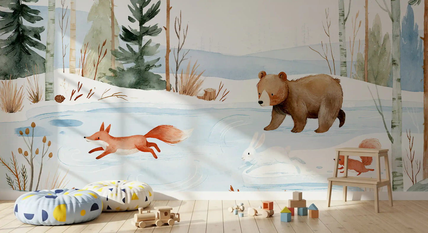 Winter Forest Friends Watercolor Scene Wall Mural