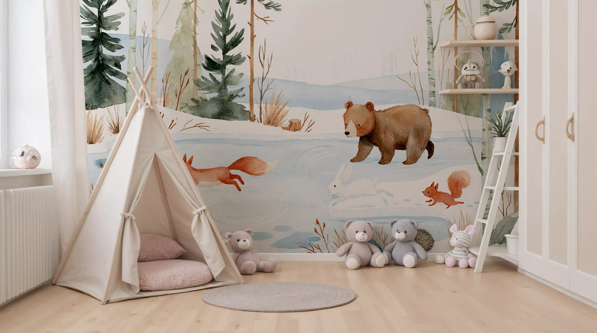 Winter Forest Friends Watercolor Scene Wall Mural