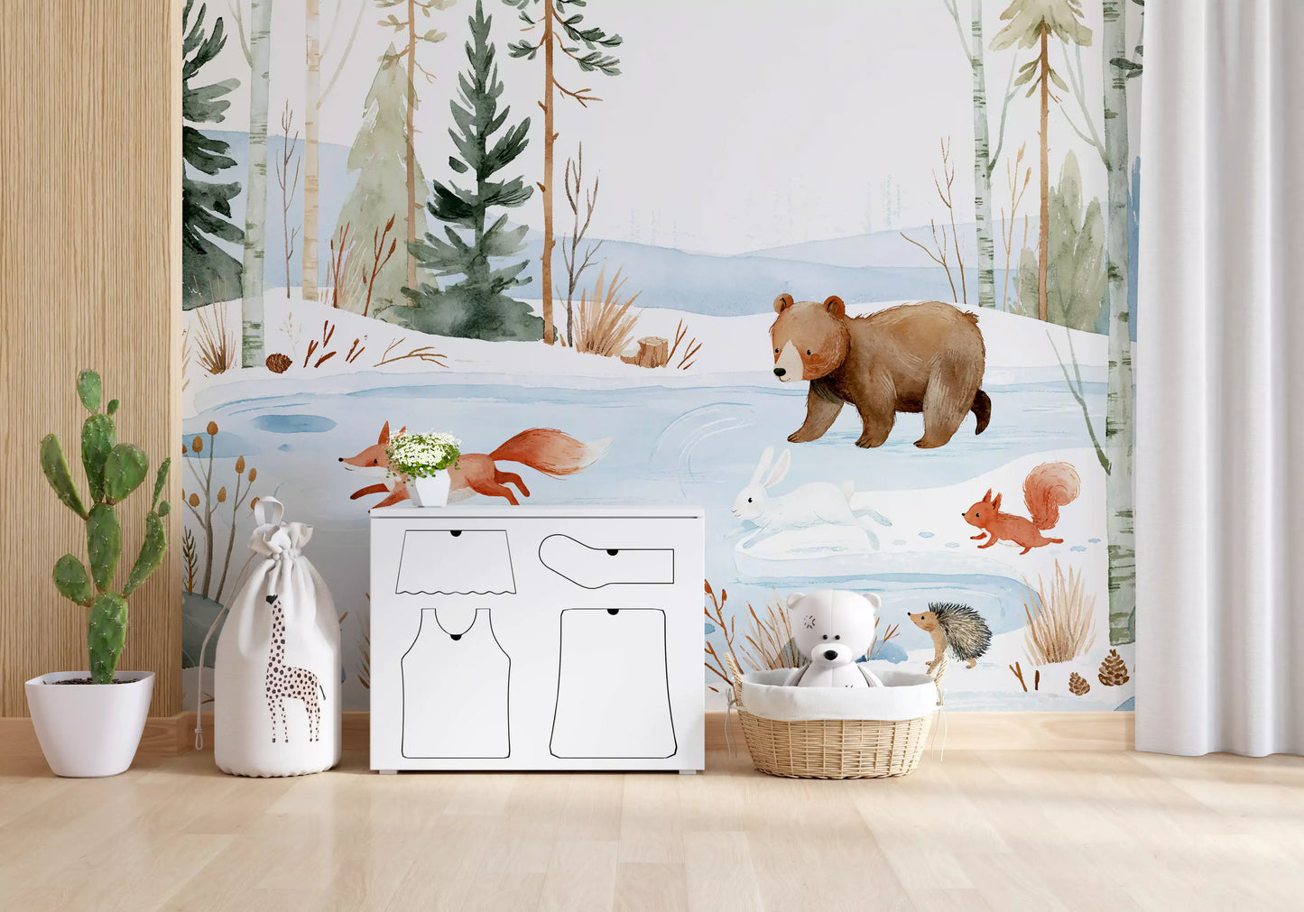 Winter Forest Friends Watercolor Scene Wall Mural