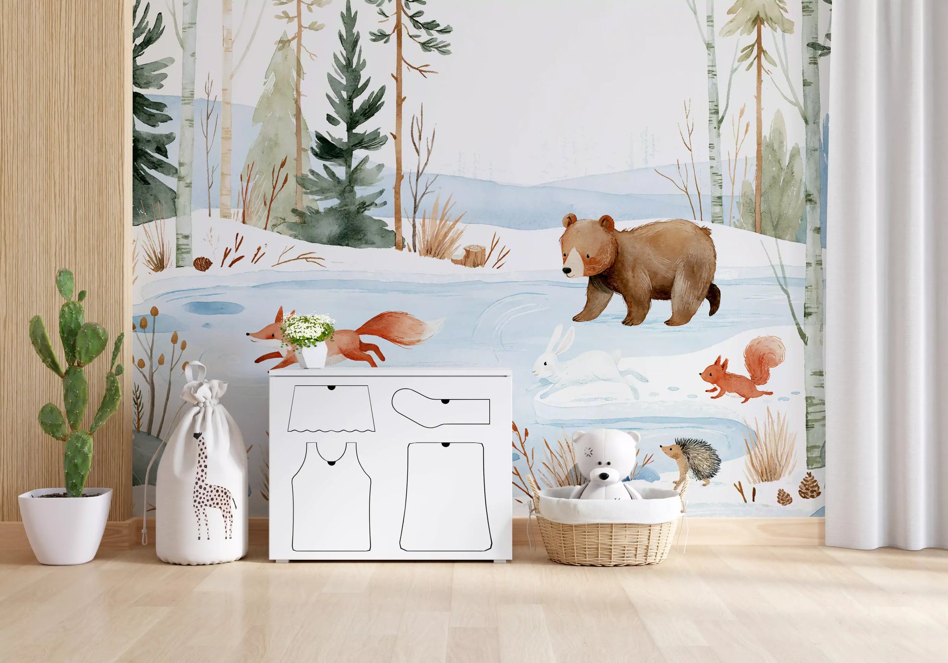 Winter Forest Friends Watercolor Scene Wall Mural