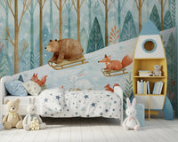 Winter Forest Friends Sledding Adventure Wall Mural