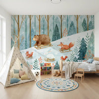 Winter Forest Friends Sledding Adventure Wall Mural