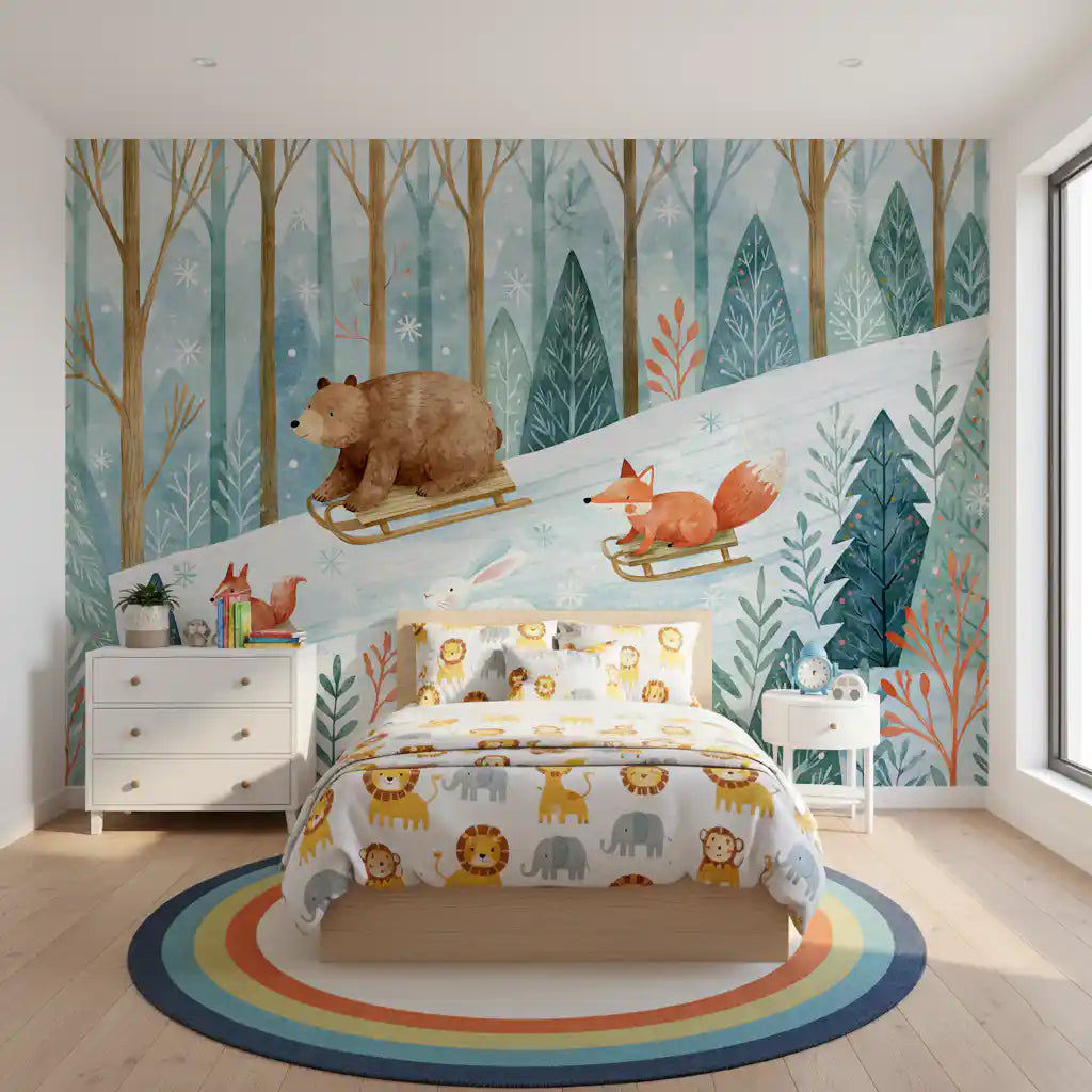 Winter Forest Friends Sledding Adventure Wall Mural