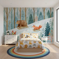 Winter Forest Friends Sledding Adventure Wall Mural